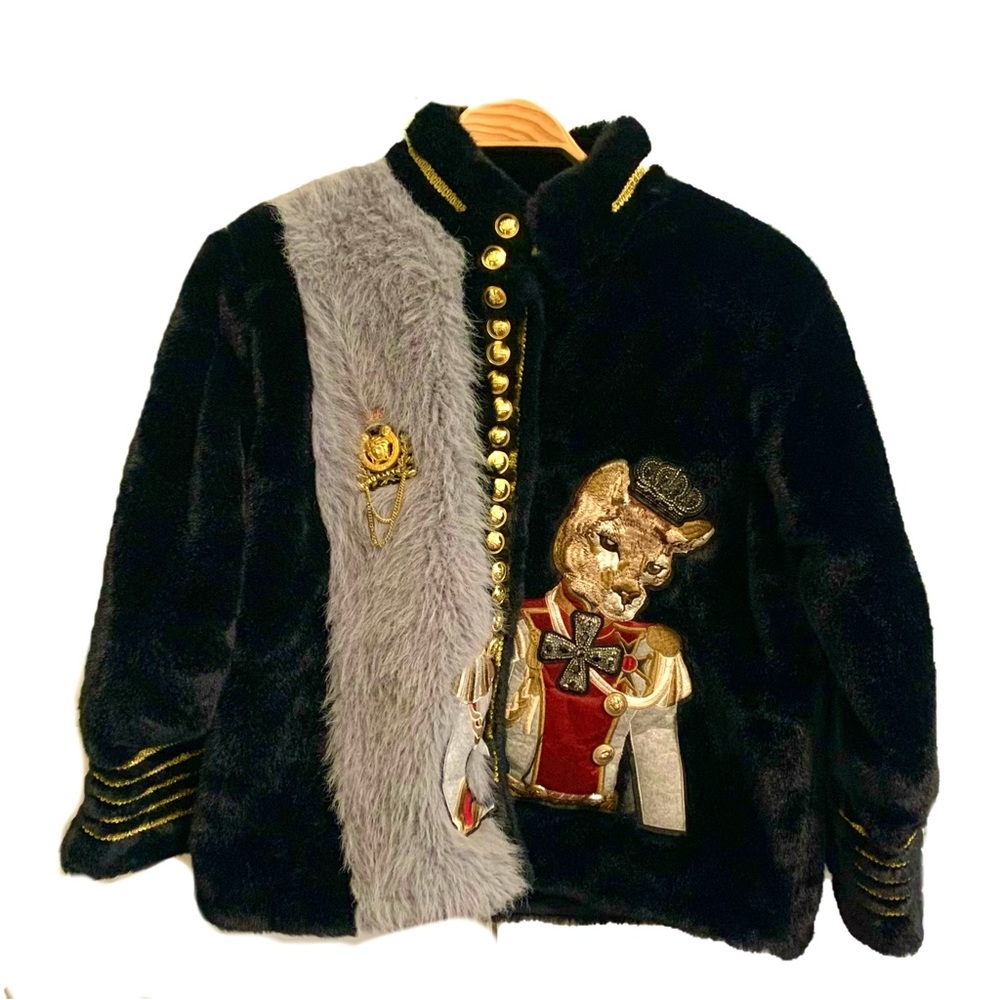 Embellished faux fur black coat/ jacket